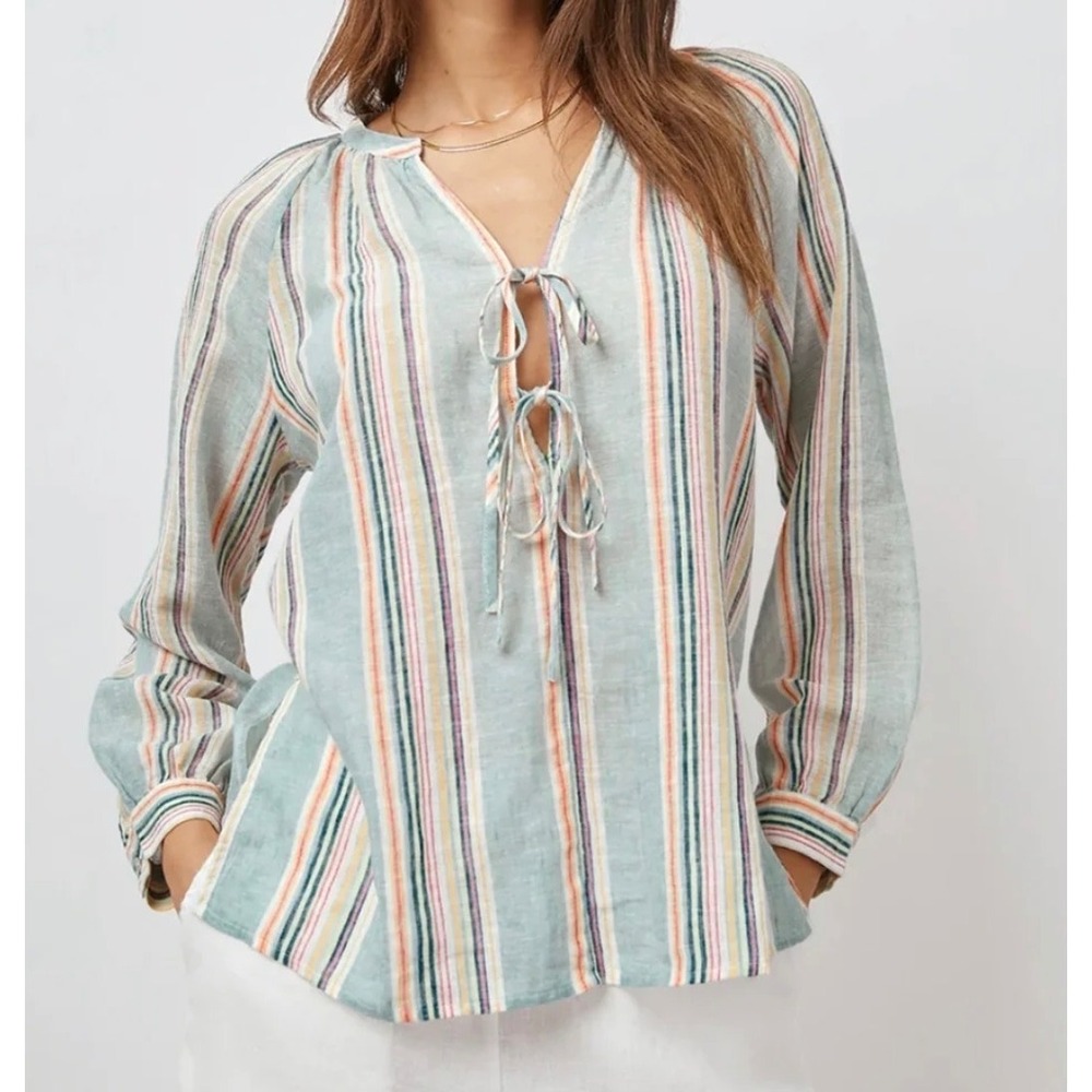 Rails Brielle Sag Harbour‎ Stripe Linen Blend Tie Front Blouse Blue Pastel Small